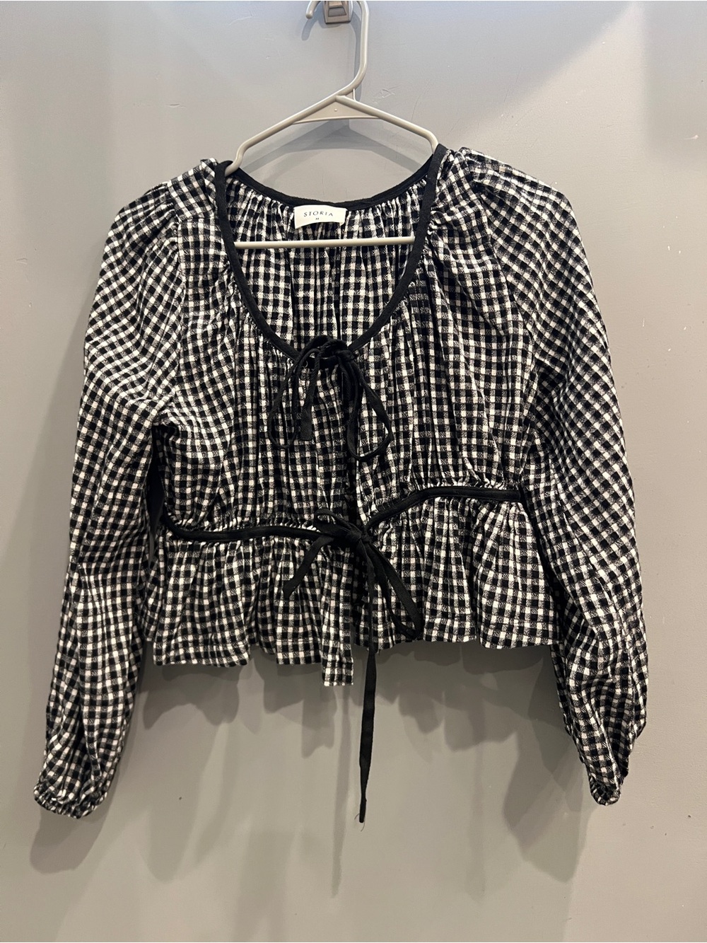 Storia Black & White Gingham Tie-Front Peasant Blouse
